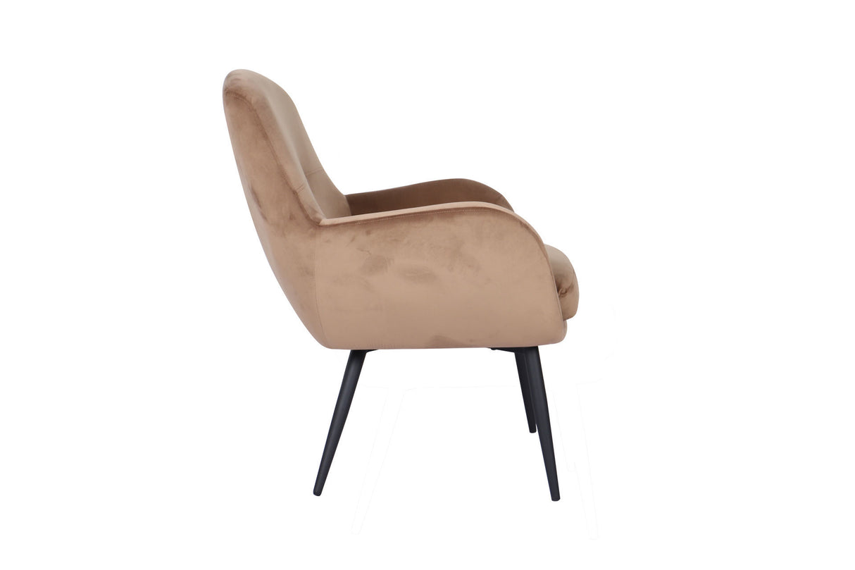 The Cassie Accent Armchair features luxurious velvet in vibrant camel, with a detachable cushion for easy maintenance