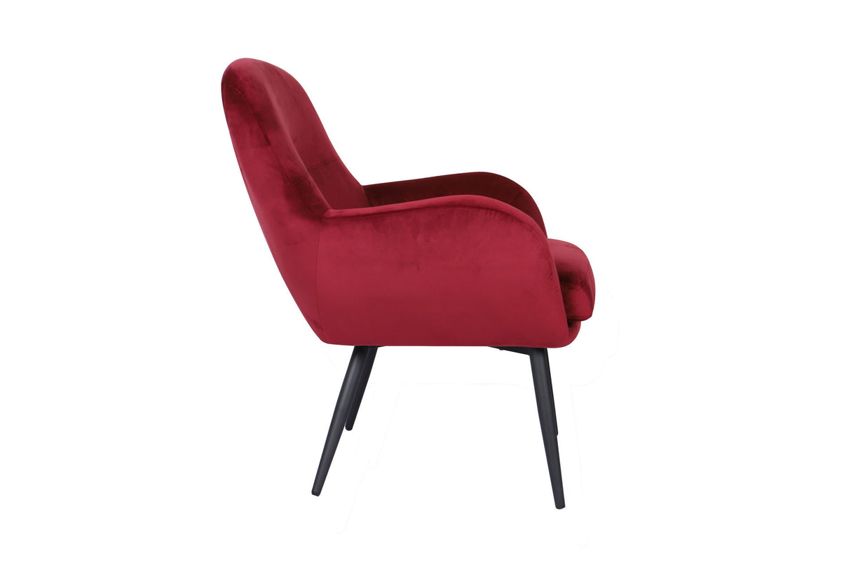 Cassie Accent Armchair features luxurious velvet in vibrant crimson, with a detachable cushion for easy maintenance.
