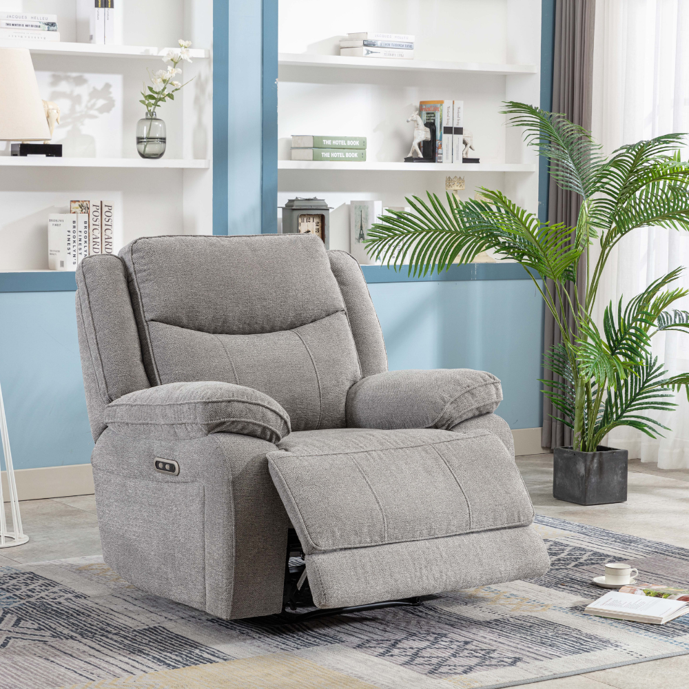 The Hayden Recliner Sofa Set in Light Grey is upholstered in light grey and premium materials, plush cushions and spacious seating