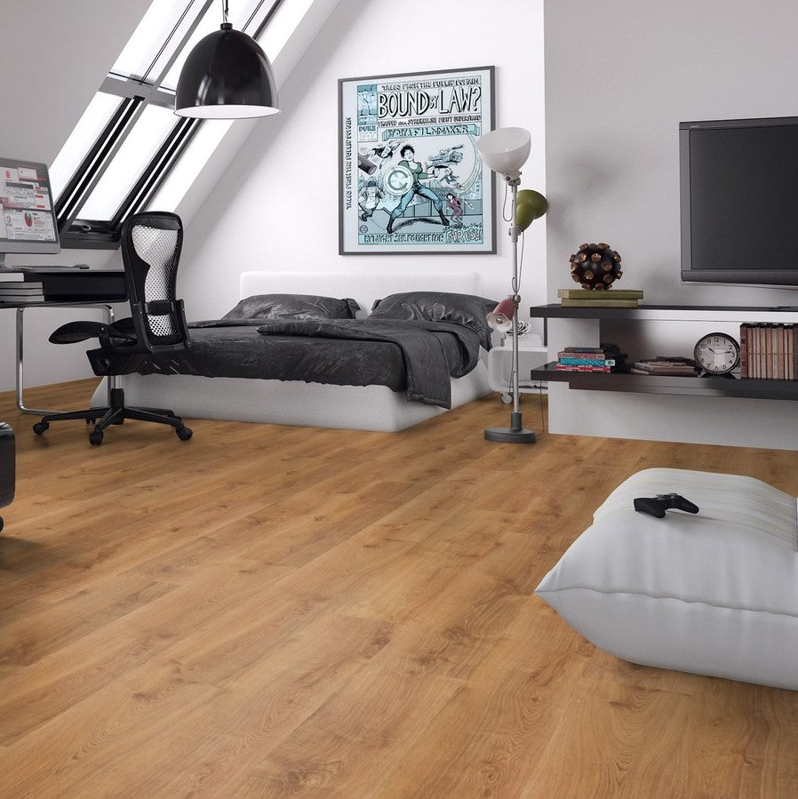 The Dublin Oak Laminate Flooring - 12mm has a warm brown tone, AC5 durability, and a 30-year warranty.
