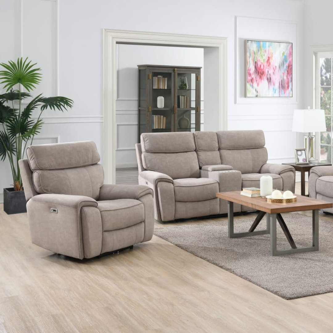 The Sheldon Electric Recliner Sofa in Beige has electric reclining, drop-down console with storage and built-in wireless charging.