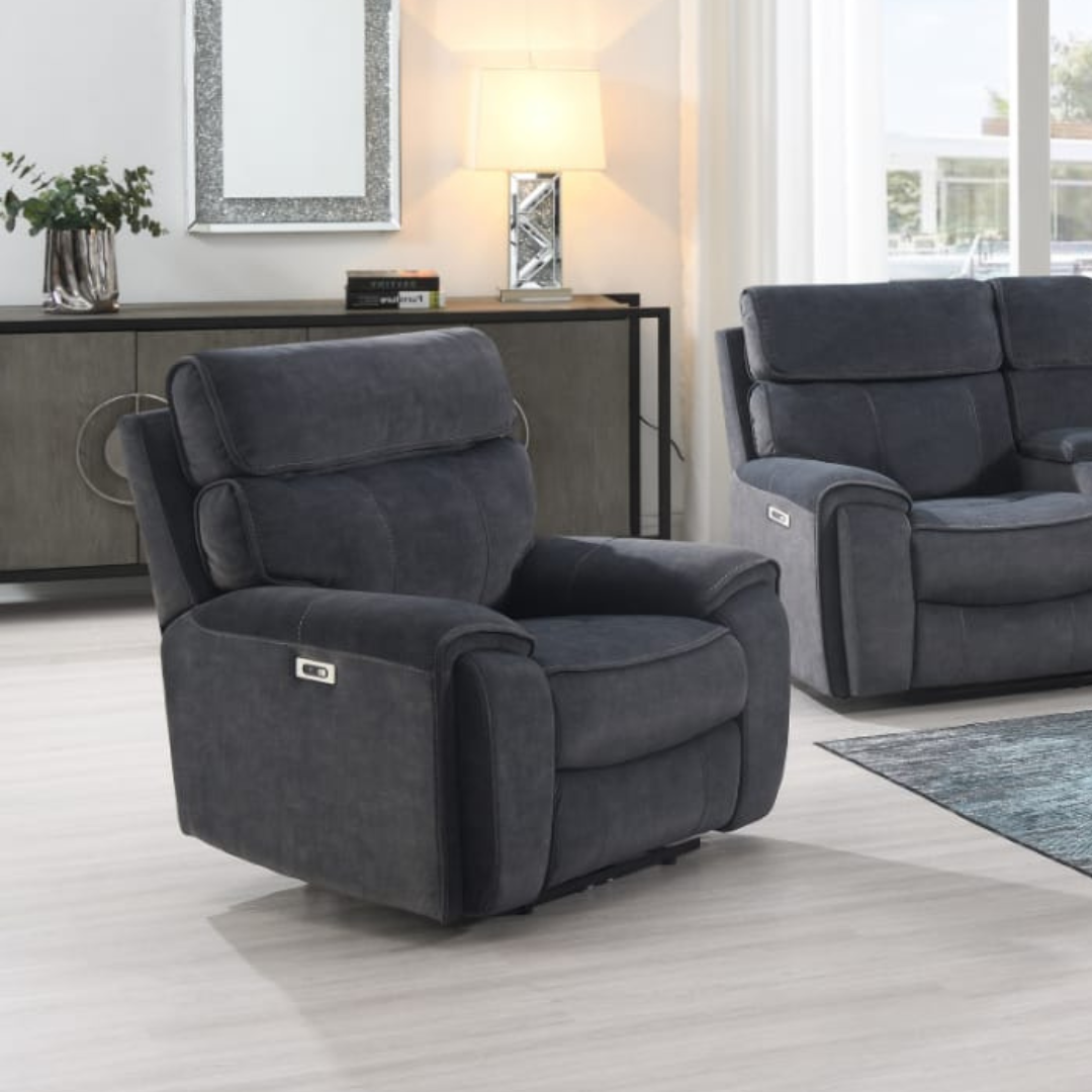 The Sheldon Electric Recliner Sofa in Grey has electric reclining, drop-down console with storage and built-in wireless charging.