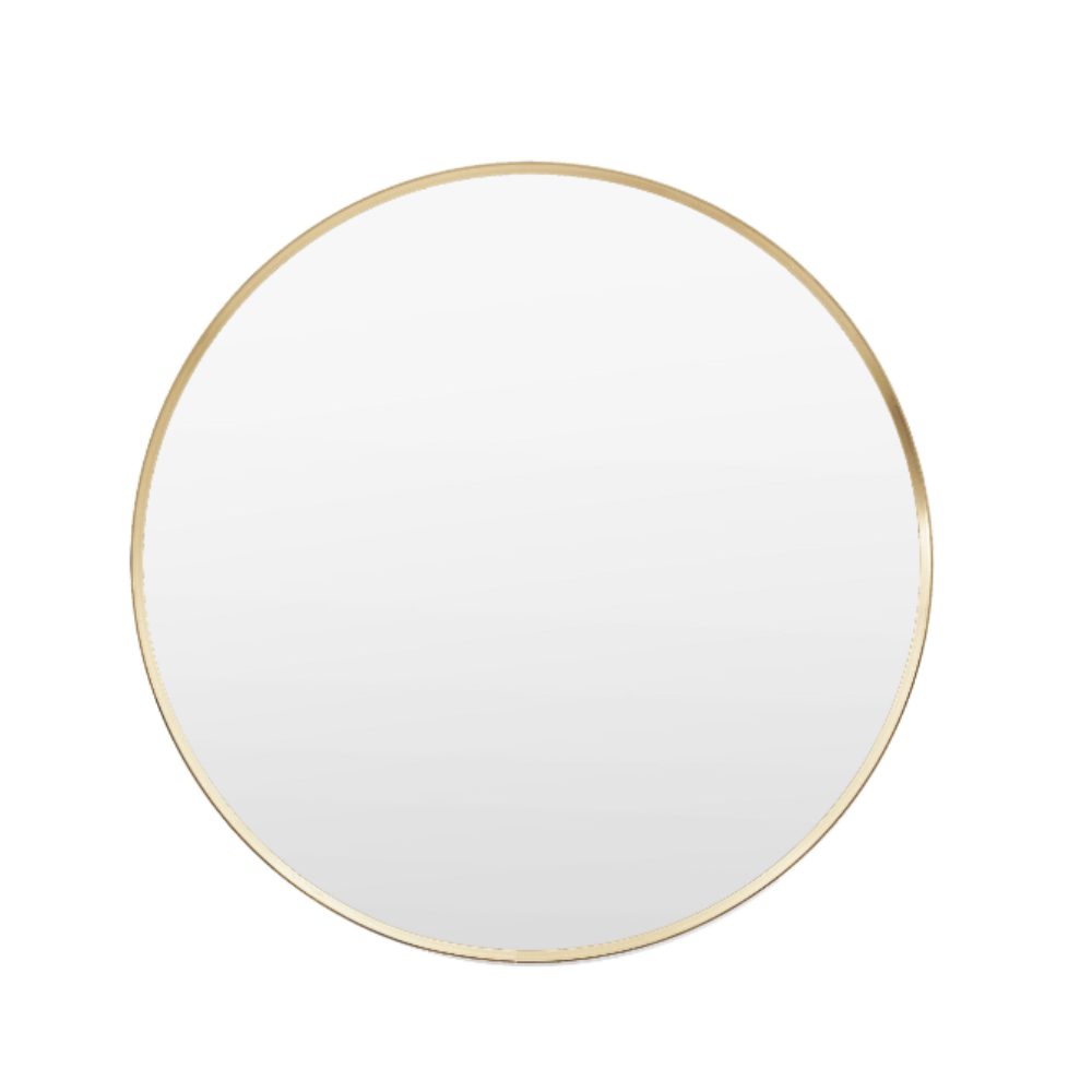 The Gallery Holworth Round Mirror in Gold features an 80cm diameter, elegant gold frame and versatile design