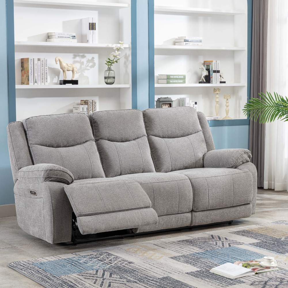 The Hayden Recliner Sofa Set in Light Grey is upholstered in light grey and premium materials, plush cushions and spacious seating