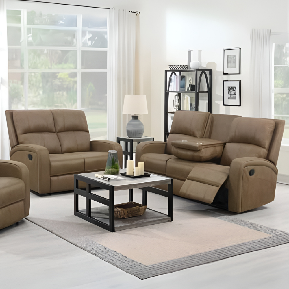 The Rowen Manual Recliner Sofa is upholstered in soft tan and easy-clean fabric, plush cushions and spacious seating