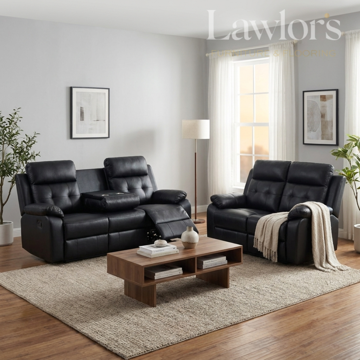 Black 3+2 recliner sofa set in living room setting