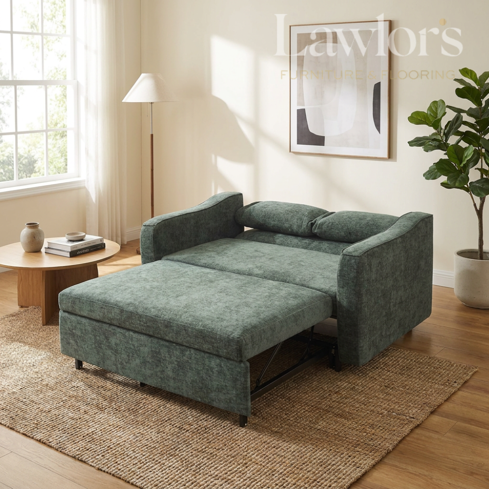 Green sectional opened sofa bed in a living room