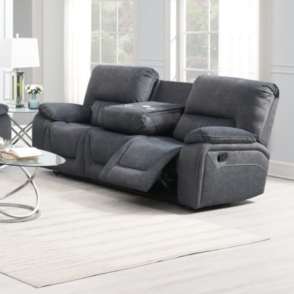 Sale now on with cheap but high quality Avondale Sofa in Grey. This sofa is upholstered in easy-clean fabric, ideal for families with children or pets, effortlessly handling spills and stains. It features a manual recliner function and drop-down tray with a built-in cup holder.