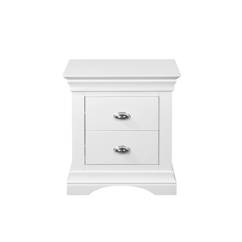 The Bella Bedside Locker features solid pine, white lacquer finish, elegant design with ample storage.