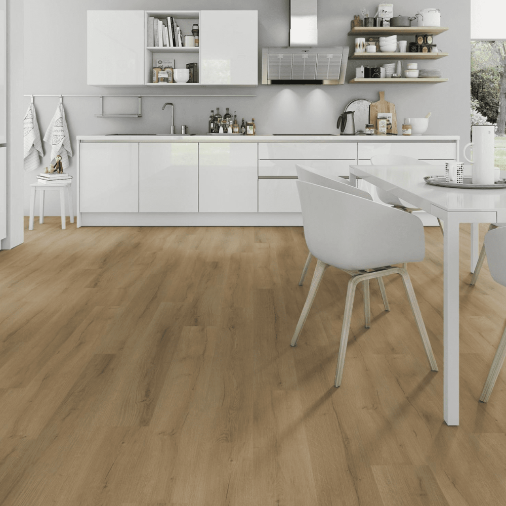 Barley Oak SPC Flooring - 4mm features waterproof SPC core, sound-reducing underlayment, oak finish and dent-resistant.
