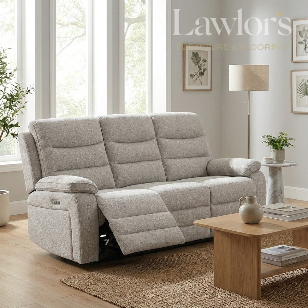 Light grey 3 seater electric recliner sofa in a living room