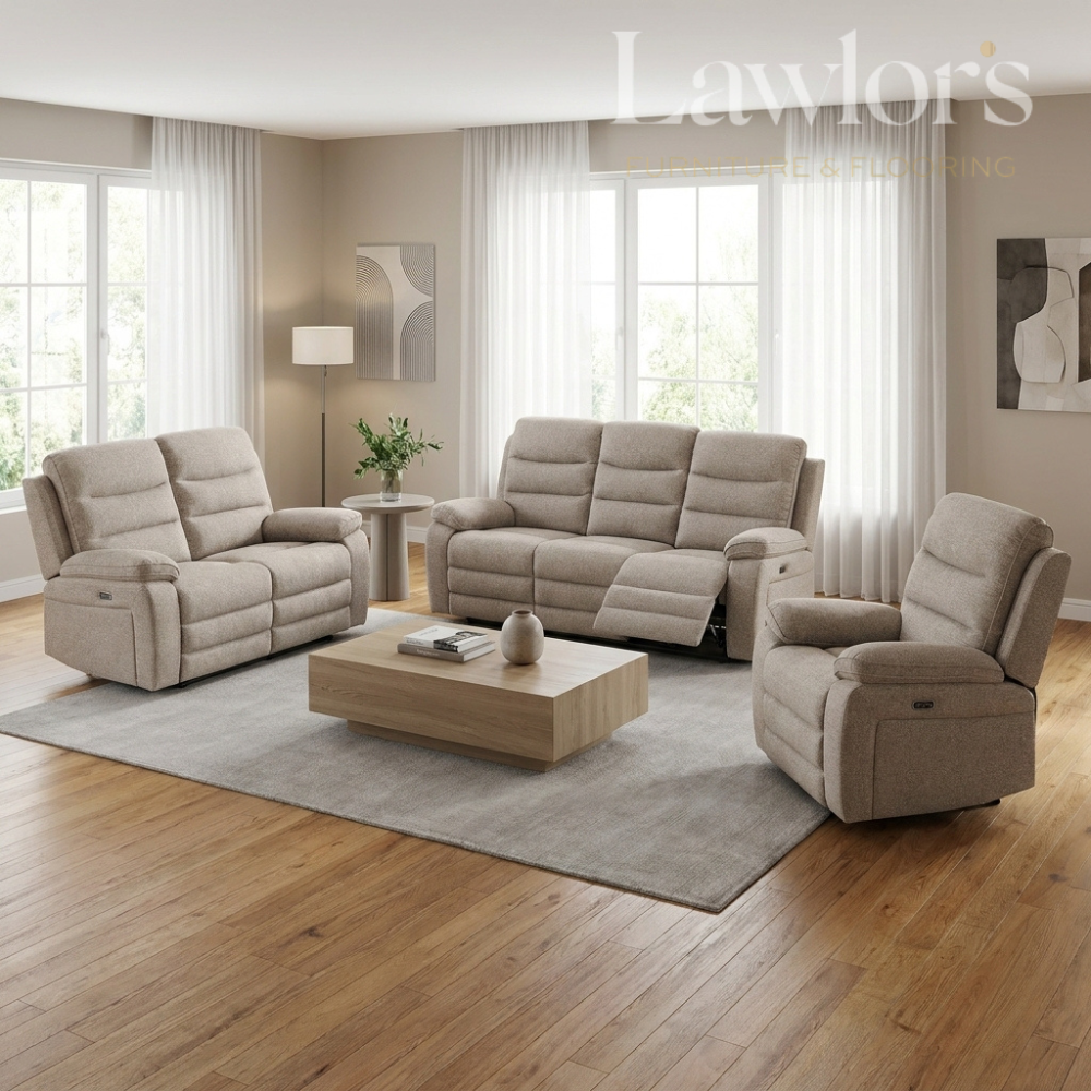 Oatmeal 3+2+1 electric reclining sofa set in a living room