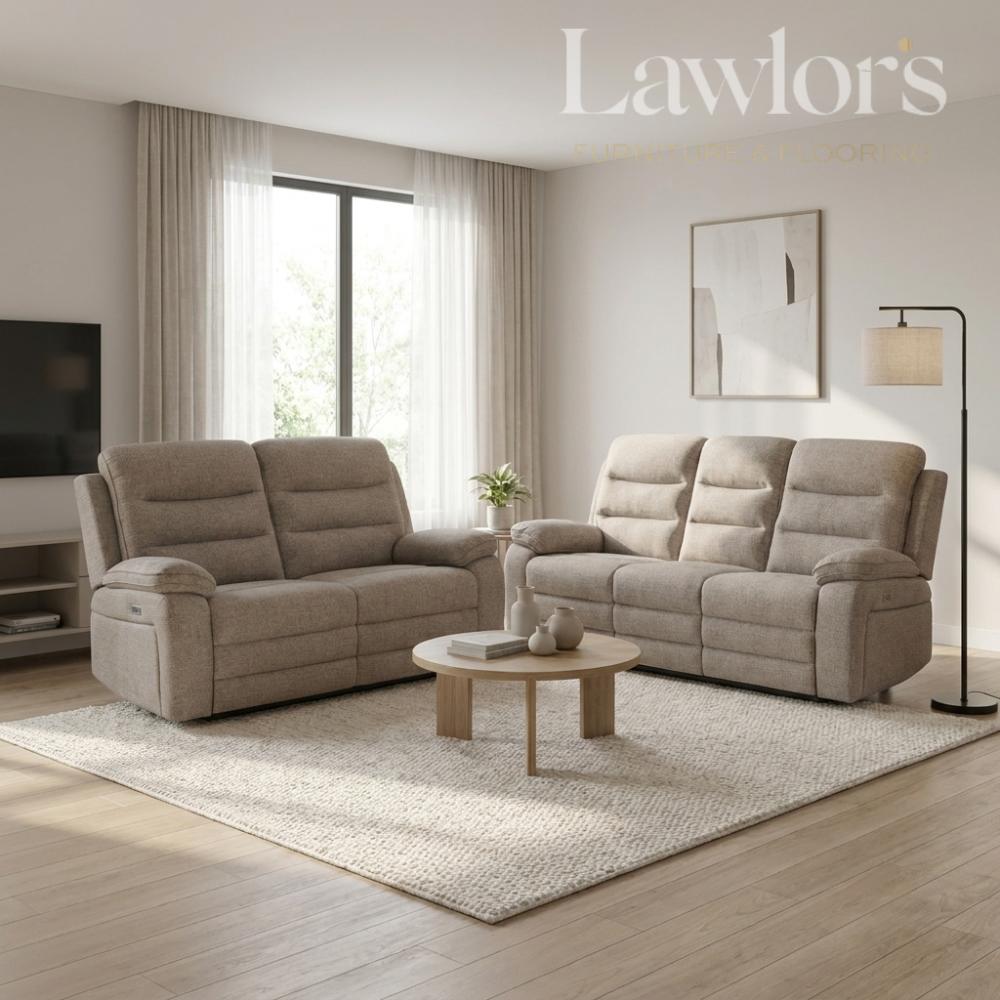 Living room with oatmeal 3+2 electric recliner sofa set