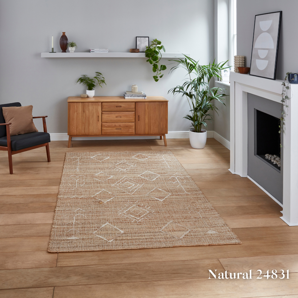Add some style with the Bazaar Jute Natural Hand Woven Rugs offering strong & organic class with sustainable jute, wool & polyester in a flat weave design