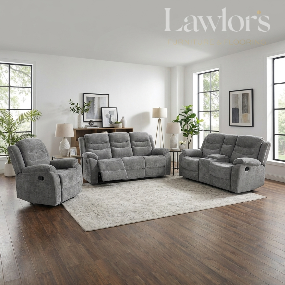 Grey 3+2+1 recliner sofa set in a modern living room