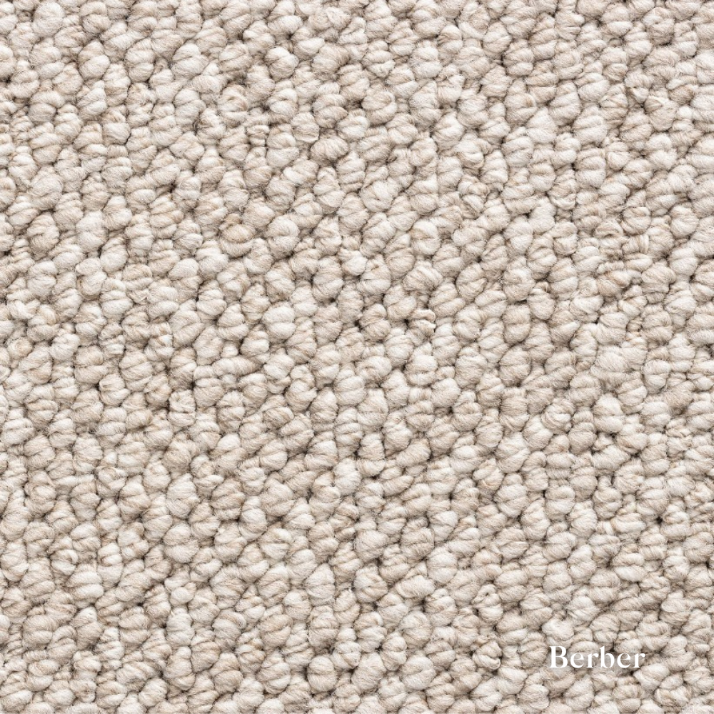 Close-up of beige carpet texture with 'Berber' brand name.