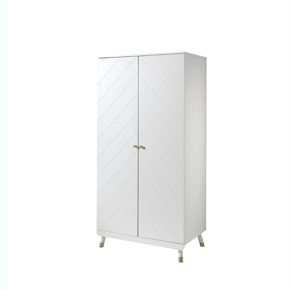 The Billy 2 Door Wardrobe in Satin White with golden accents and 2 door cabinet offers ample clothing storage door any stylish baby or children's room