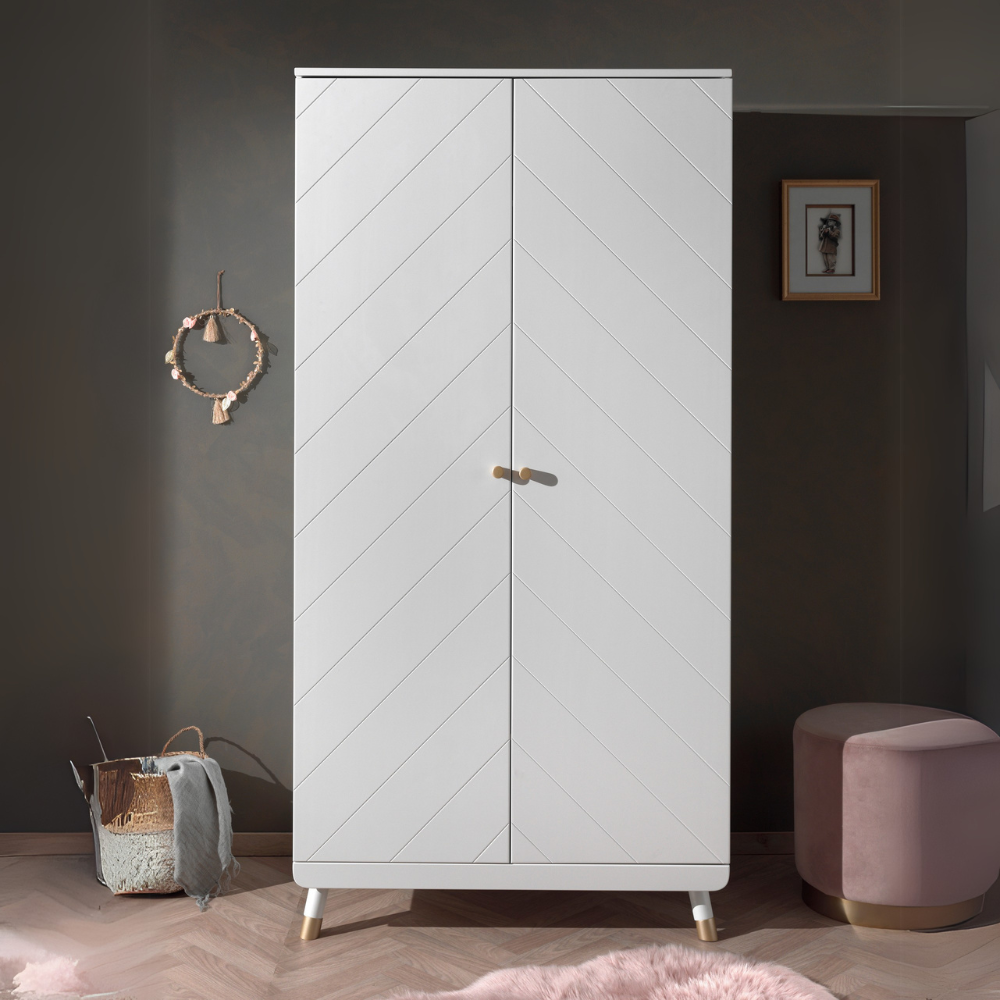 The Billy 2 Door Wardrobe in Satin White with golden accents and 2 door cabinet offers ample clothing storage door any stylish baby or children's room