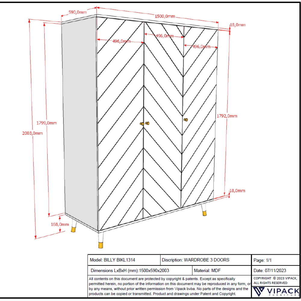 The Billy 3 Door Wardrobe in Satin White comes with golden accents, ample clothing storage and geometric design, ideal for any children's and baby room