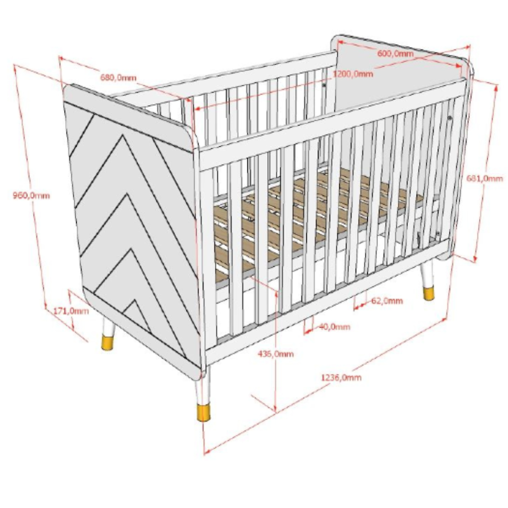 The Billy Baby Cot Bed in Terra Pink features a geometric graphic design, golden accents and an adjustable slatted base, perfect for a modern nursery setup