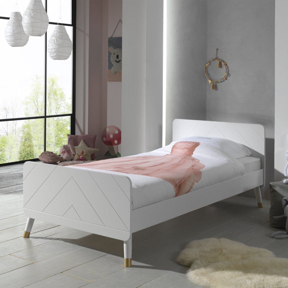 The Billy Kids Bed - 90 x 200cm features a geometric design, golden accents, slatted base, durable pine & MDF frame in Pink, White, Grey or Olive Green