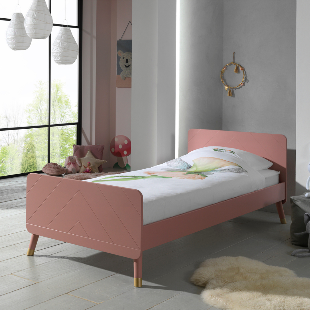 The Billy Kids Bed - 90 x 200cm features a geometric design, golden accents, slatted base, durable pine & MDF frame in Pink, White, Grey or Olive Green