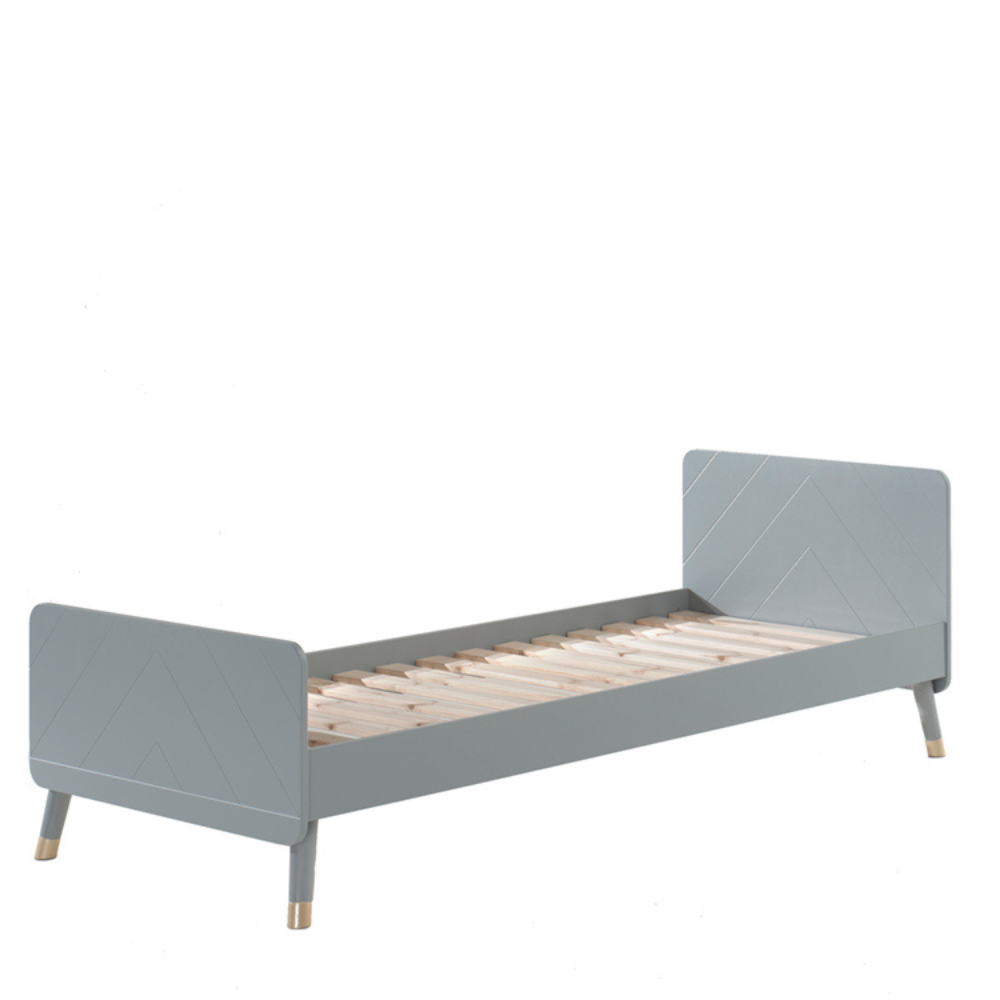 The Billy Kids Bed - 90 x 200cm features a geometric design, golden accents, slatted base, durable pine & MDF frame in Pink, White, Grey or Olive Green