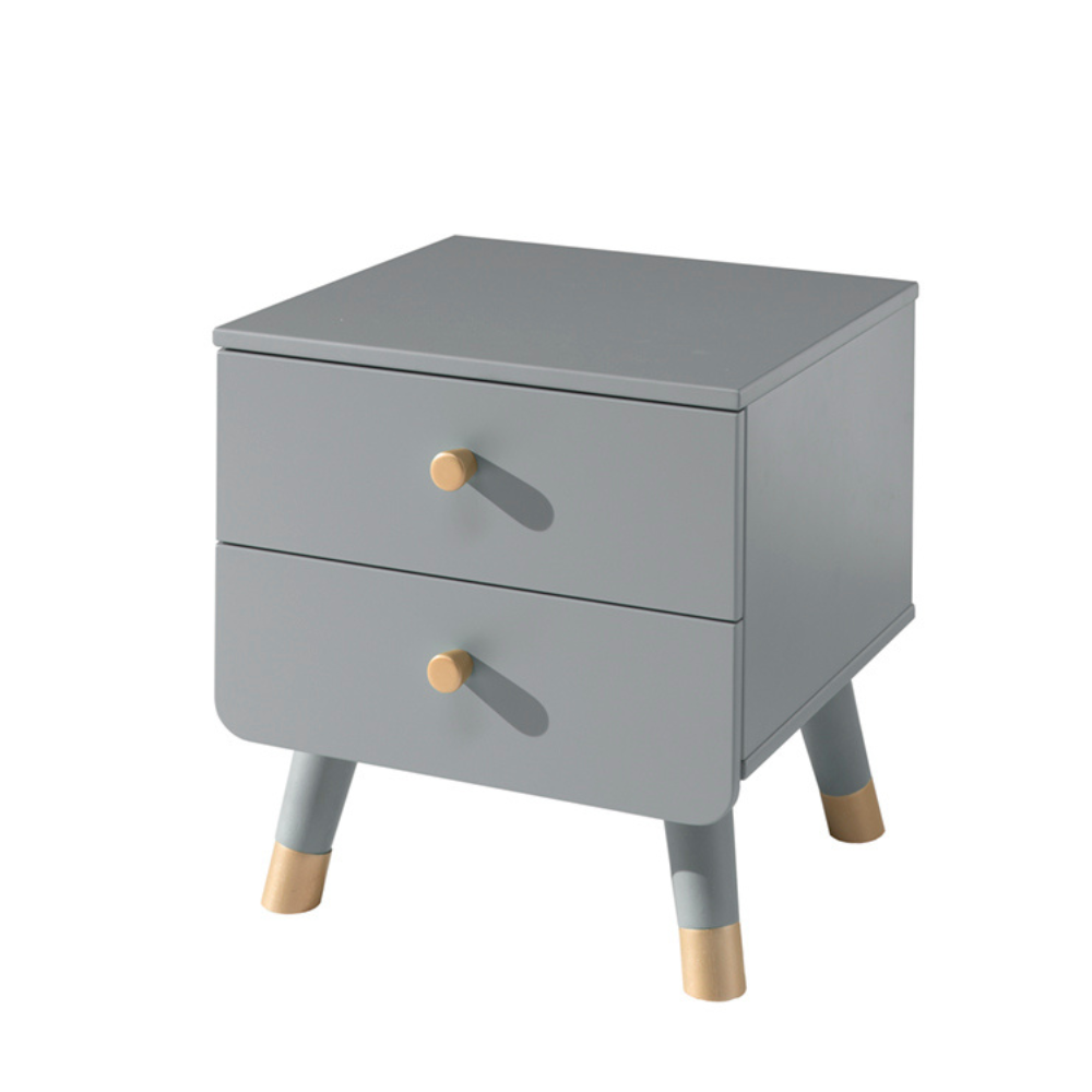 The Billy Kids Bedside Table features 2 drawers, golden accents and retro modern style, available in Terra Pink, Satin White, Timeless Grey and Olive Green