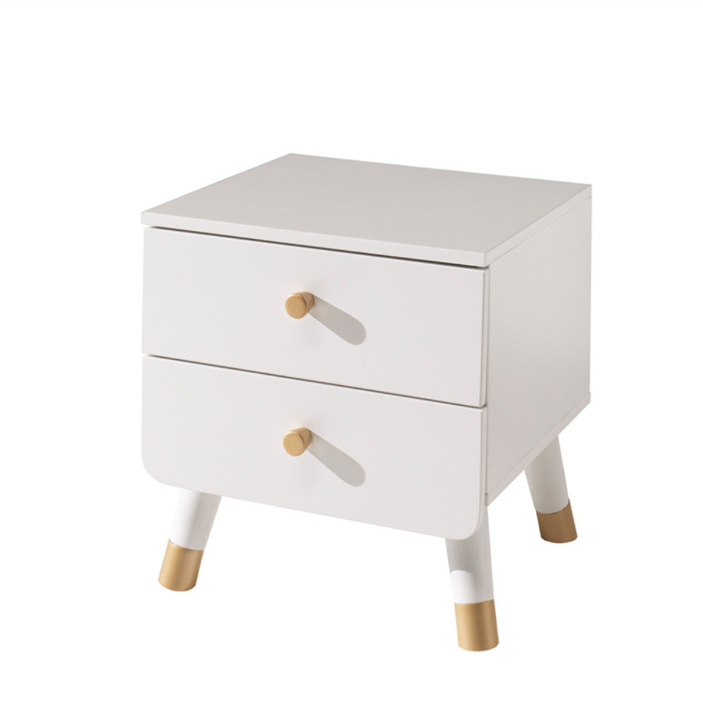 The Billy Kids Bedside Table features 2 drawers, golden accents and retro modern style, available in Terra Pink, Satin White, Timeless Grey and Olive Green