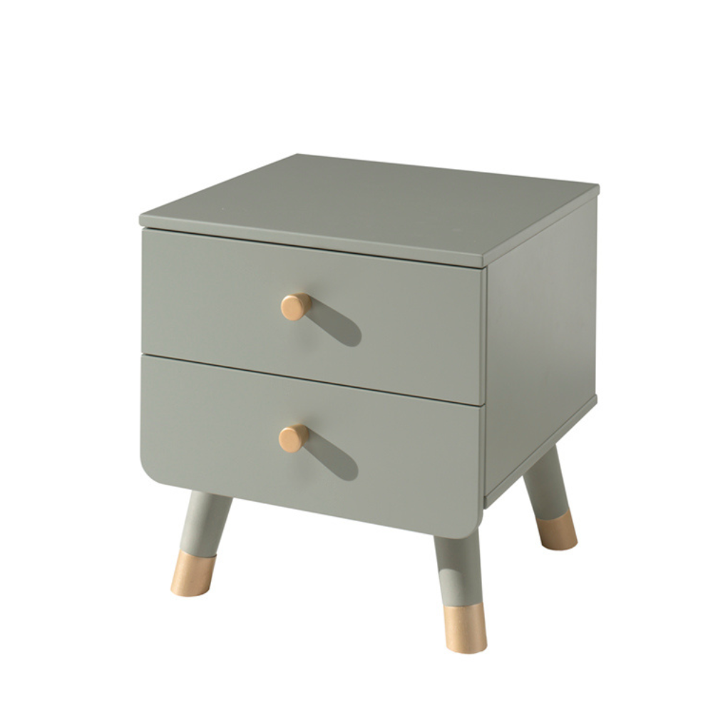 The Billy Kids Bedside Table features 2 drawers, golden accents and retro modern style, available in Terra Pink, Satin White, Timeless Grey and Olive Green
