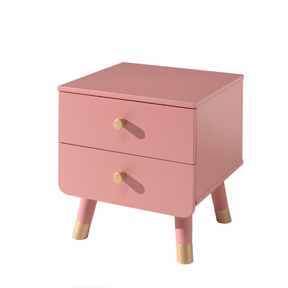 The Billy Kids Bedside Table features 2 drawers, golden accents and retro modern style, available in Terra Pink, Satin White, Timeless Grey and Olive Green