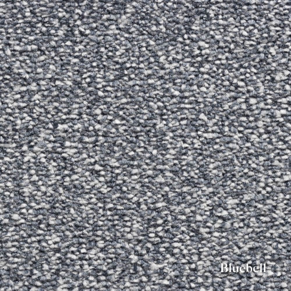 Close-up of textured blue carpet with 'Bluehell' branding.
