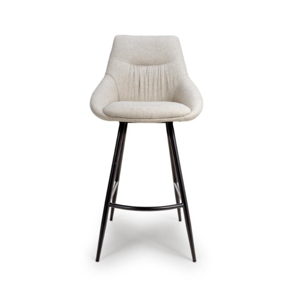 The Boden Bar Chair in Sage Green, Natural or Brick offers luxurious fabric comfort, chic pleated details, robust black metal legs