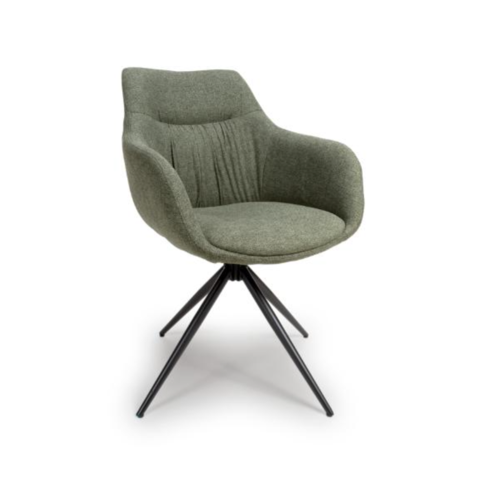 The Boden Carver Chair in Sage Green blends modern style with comfort, plush fabric upholstery, sleek metal legs