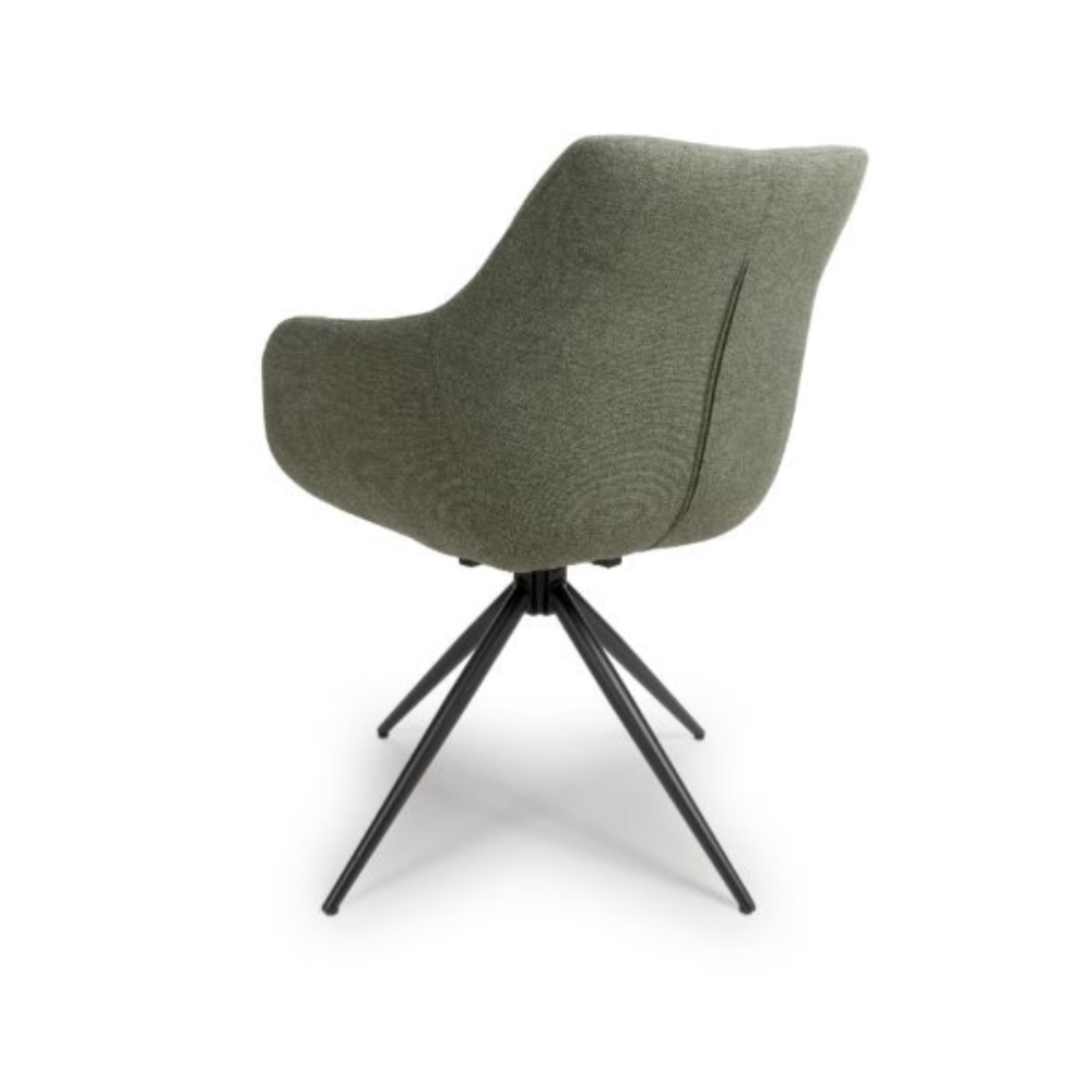 The Boden Carver Chair in Sage Green blends modern style with comfort, plush fabric upholstery, sleek metal legs