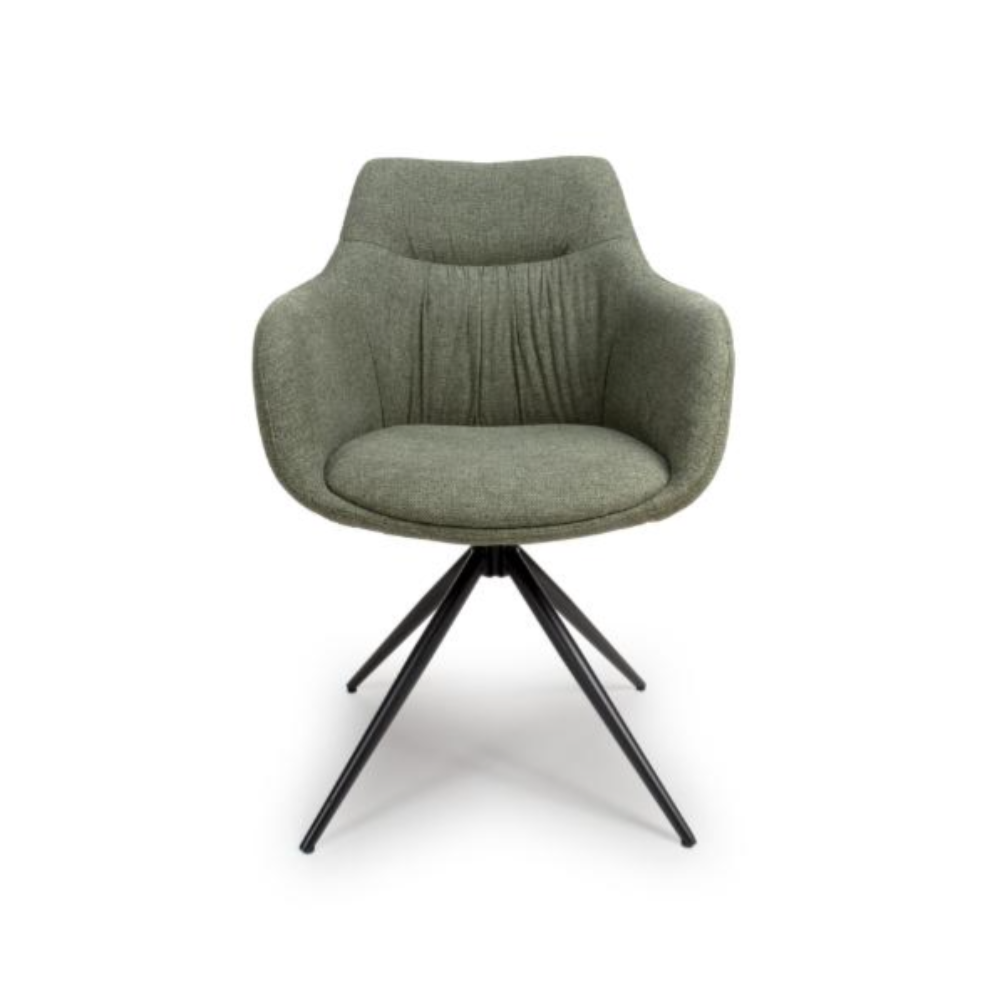 The Boden Carver Chair in Sage Green blends modern style with comfort, plush fabric upholstery, sleek metal legs