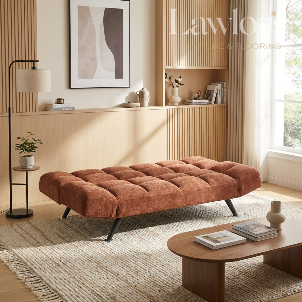 Red sofa bed in a living room