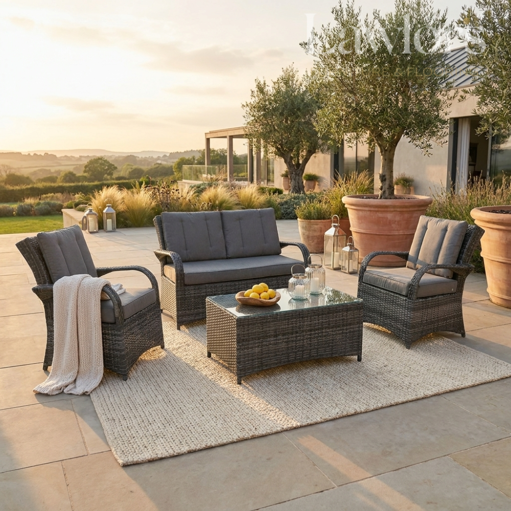 Outdoor garden furniture patio set with furniture and decor on a patio area.