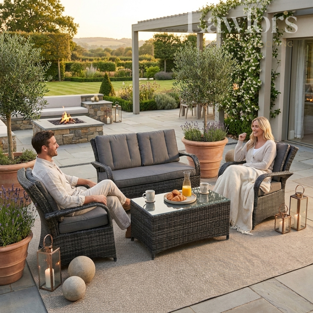 Two people sitting on outdoor garden furniture set with a view of a garden and house.