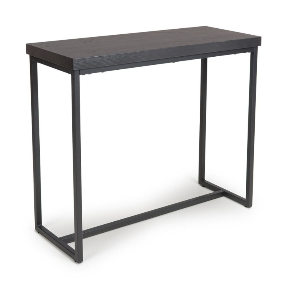 The Boston Console Table in Black Ash features a SmarTops® surface, robust iron legs and a generous design, making it an ideal addition to any setting.