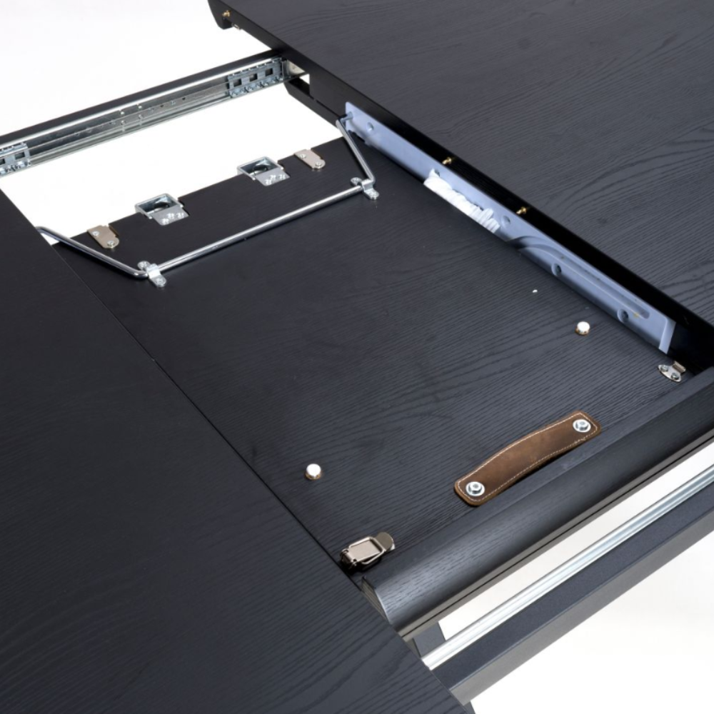 The Boston Extending Table, adjustable from 1200mm to 1600mm, showcases a striking black ash veneer, robust metal legs and a sleek extendable mechanism.