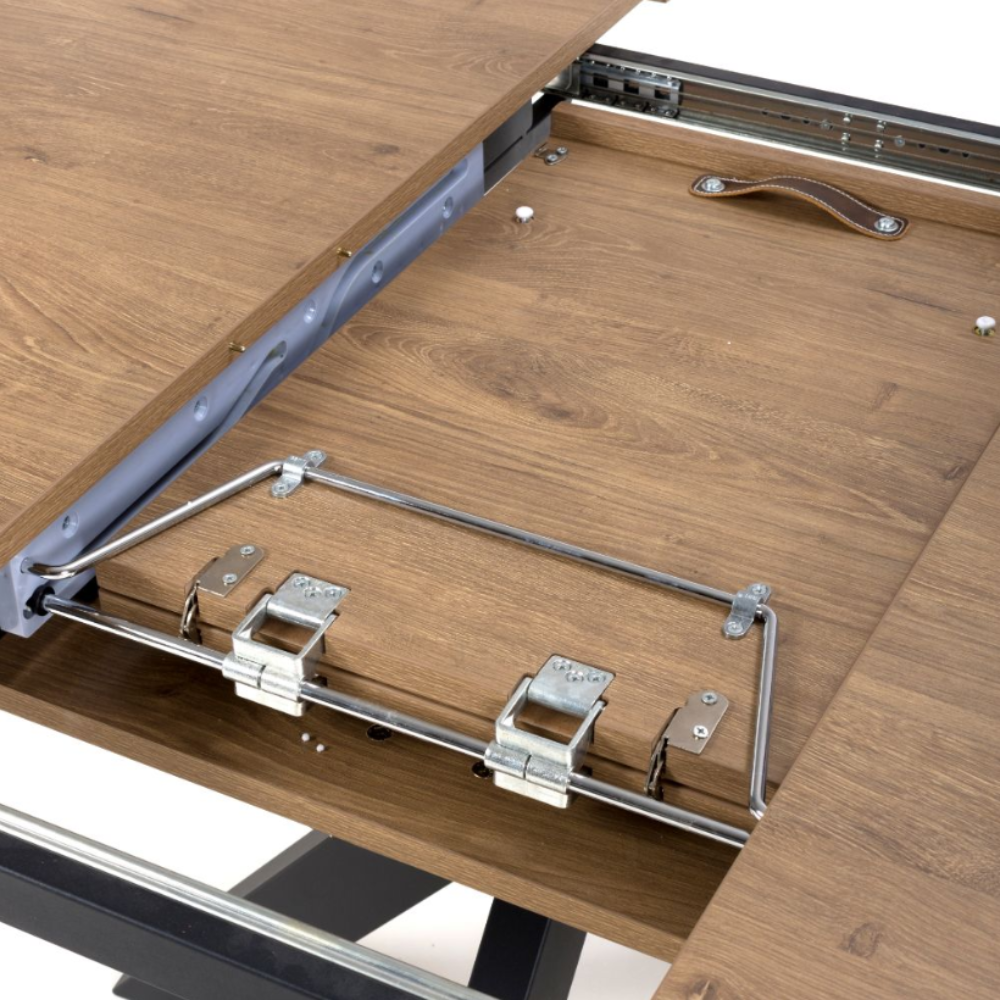 The Boston Extending Table, adjustable from 1200 to 1600mm, features a cozy rustic oak veneer, robust metal legs and a space-saving extendable design.