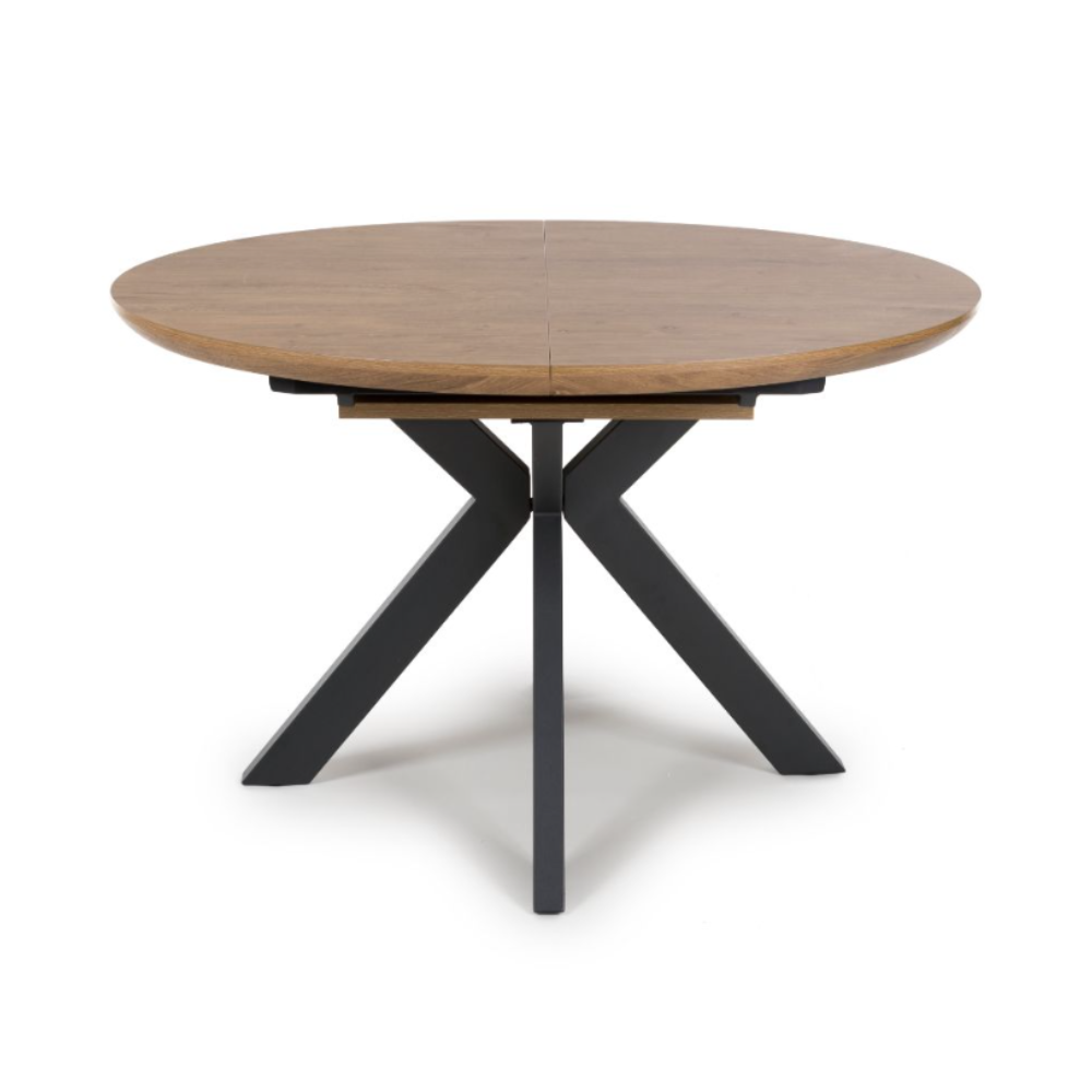 The Boston Extending Table, adjustable from 1200 to 1600mm, features a cozy rustic oak veneer, robust metal legs and a space-saving extendable design.