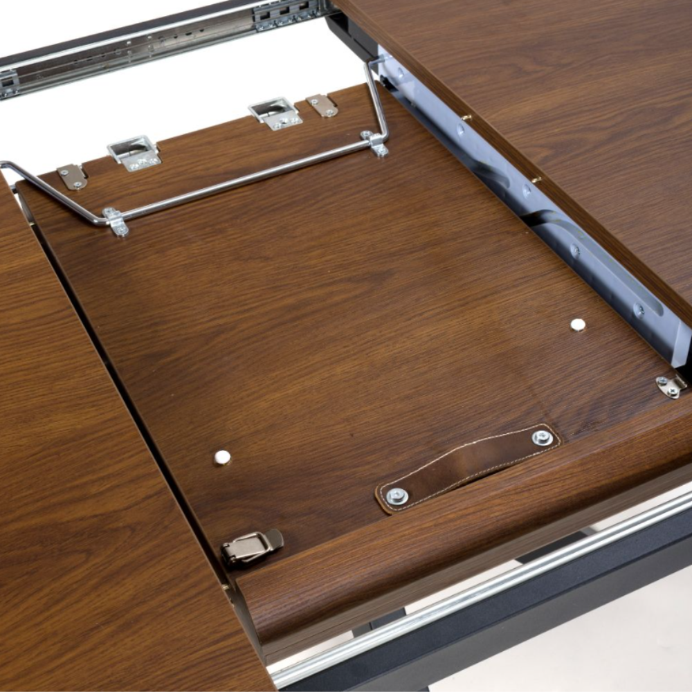 The Boston Extending Table, which can be adjusted from 1200 to 1600mm, showcases a luxurious smoked oak veneer, robust metal legs and a seamless extension