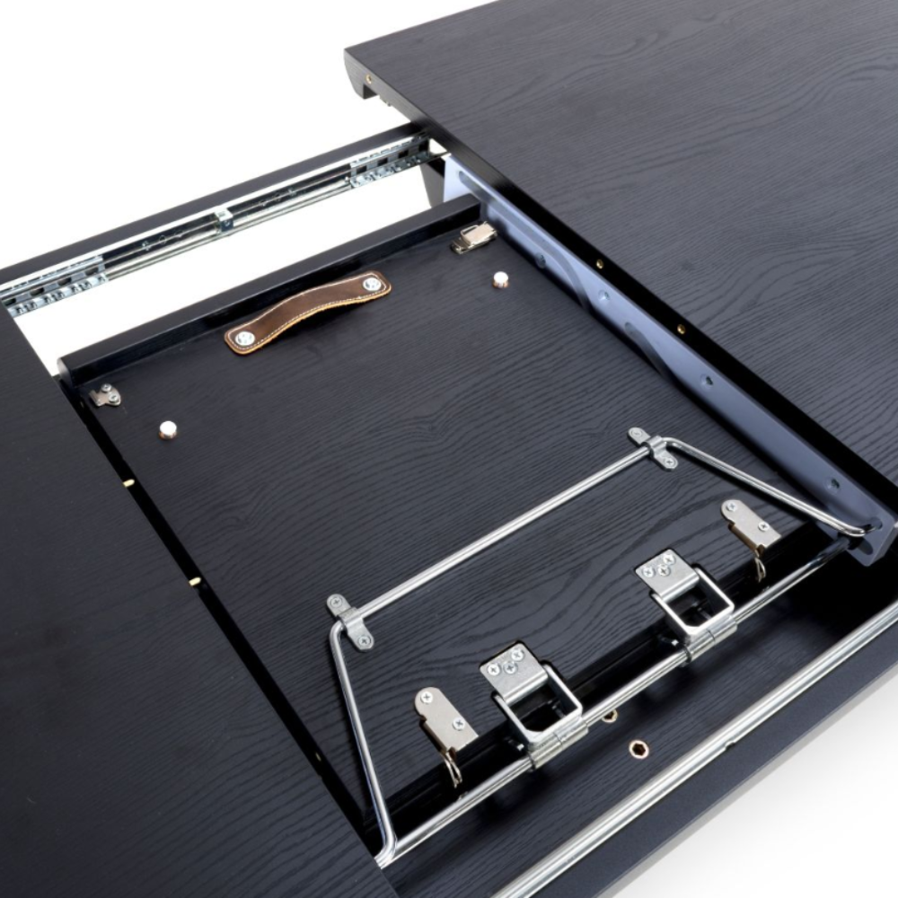 The Boston Extending Table, which ranges from 1400 to 1800mm, showcases a striking black ash veneer, robust metal legs, and a seamless extension mechanism.