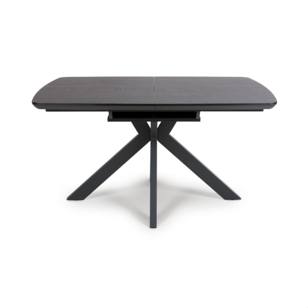 The Boston Extending Table, which ranges from 1400 to 1800mm, showcases a striking black ash veneer, robust metal legs, and a seamless extension mechanism.