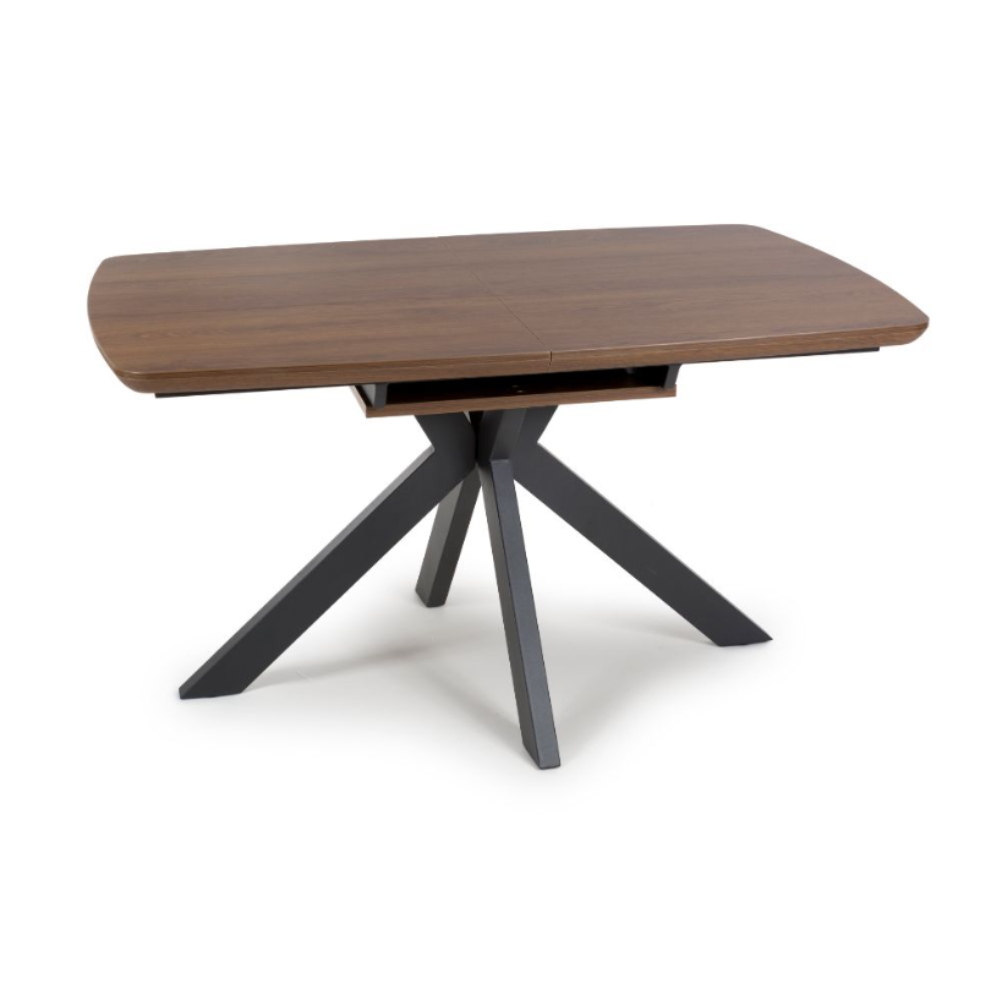 The Boston Extending Table, which ranges from 1400 to 1800mm, showcases an elegant smoked oak veneer, robust metal legs, and a seamless extension mechanism.