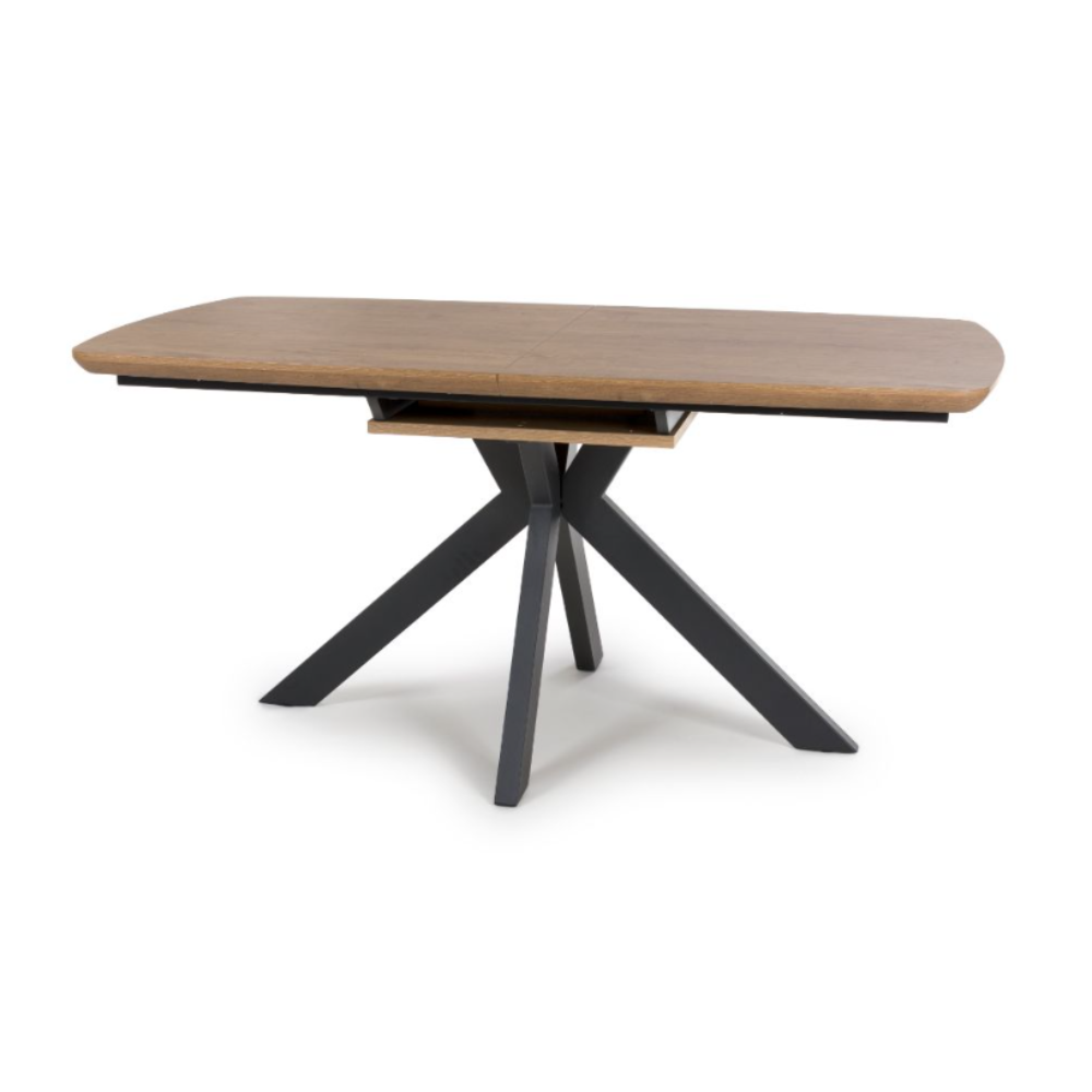 The Boston Extending Table which can be adjusted from 1600mm to 2000mm, showcases a charming rustic oak wood veneer complemented by black metal legs.