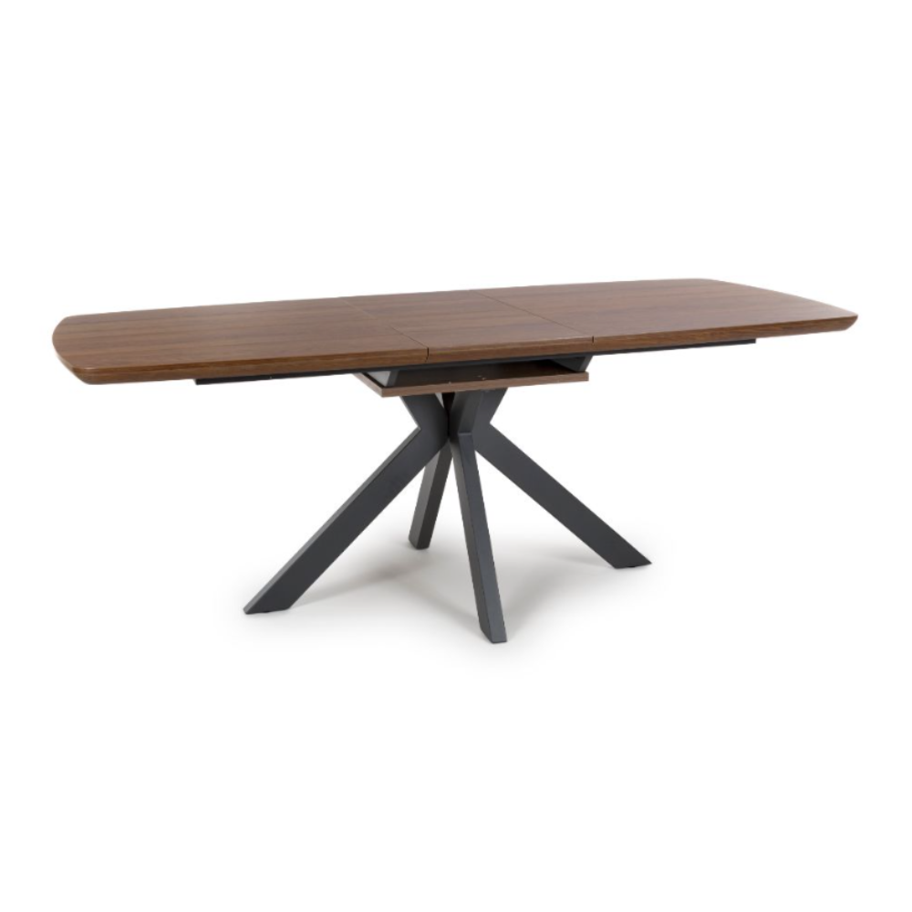 The Boston Extending Table, which can be adjusted from 1600mm to 2000mm, showcases a luxurious smoked oak veneer and robust metal legs.