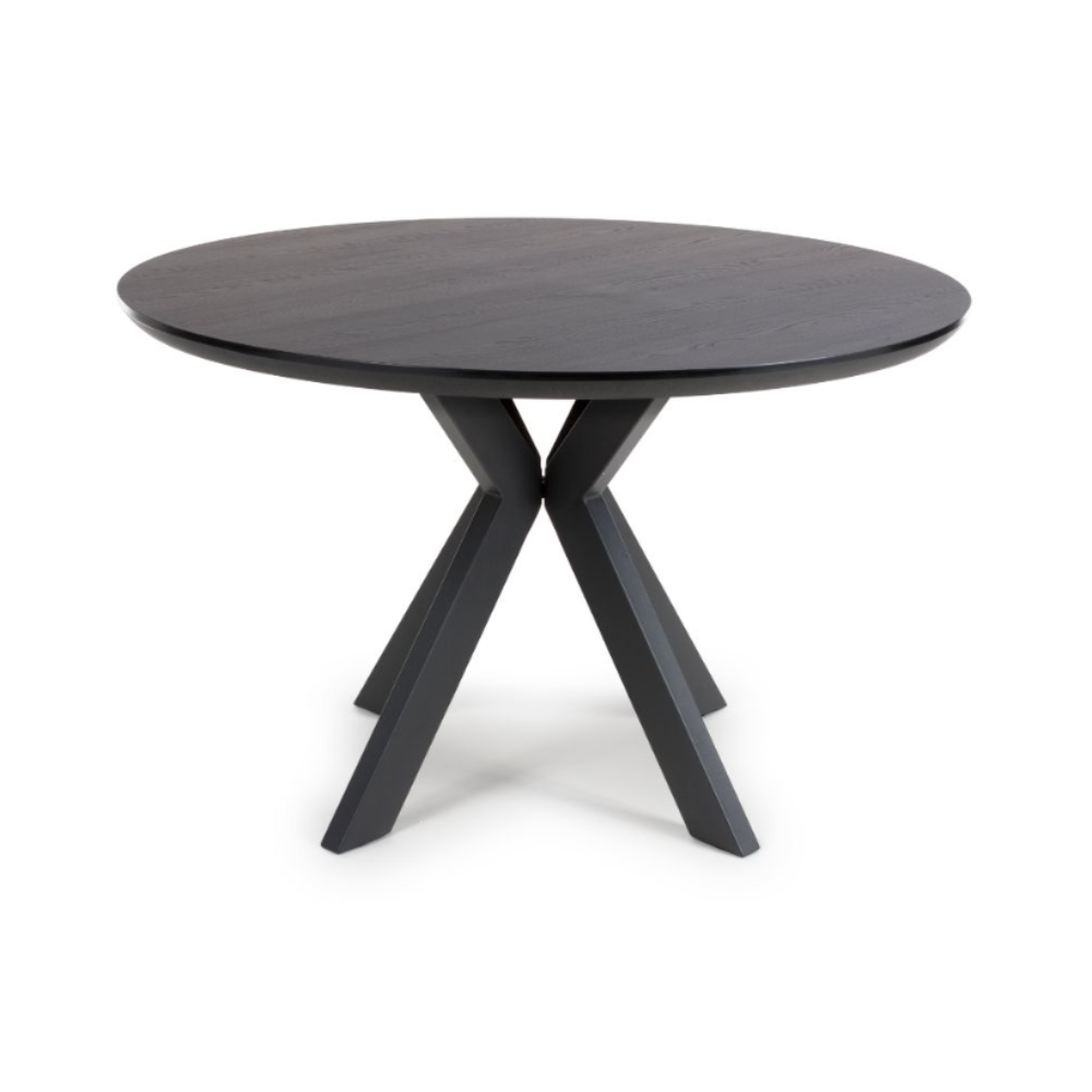 The Boston Round Table 1200mm in Black Ash features a an elegant veneer surface, compact design and a distinctive X-leg base.